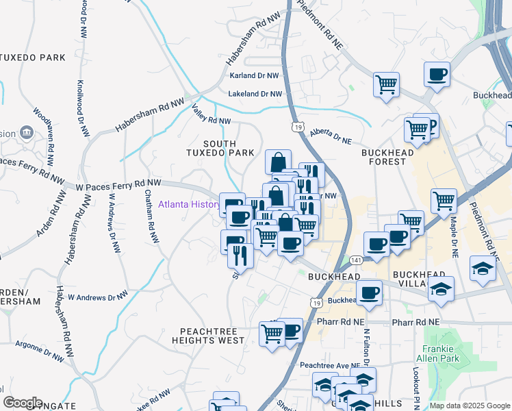 map of restaurants, bars, coffee shops, grocery stores, and more near 225 Dovecrest Drive in Atlanta