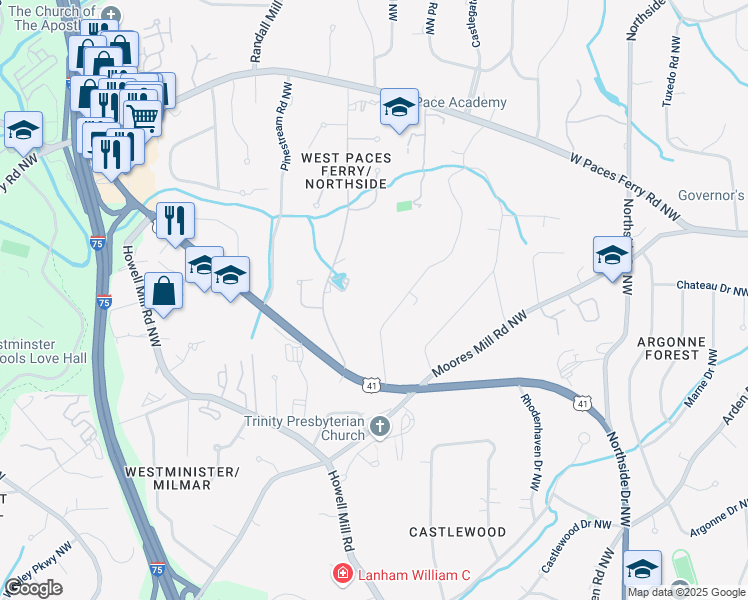 map of restaurants, bars, coffee shops, grocery stores, and more near 3200 Wood Valley Road Northwest in Atlanta