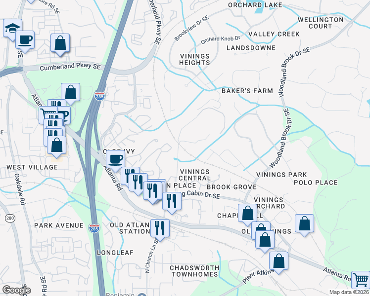 map of restaurants, bars, coffee shops, grocery stores, and more near 147 Paradise Shoals Road in Smyrna