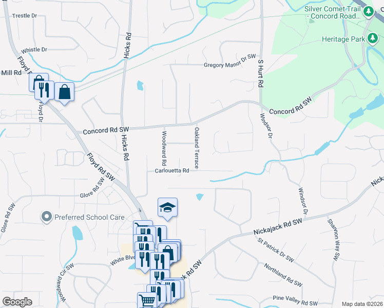 map of restaurants, bars, coffee shops, grocery stores, and more near 4590 Oakland Terrace in Mableton