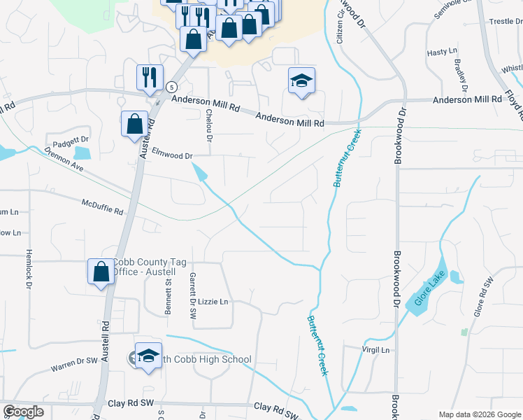 map of restaurants, bars, coffee shops, grocery stores, and more near 1641 Glenn Place Southwest in Mableton