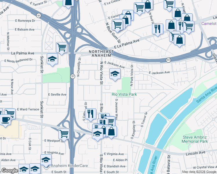 map of restaurants, bars, coffee shops, grocery stores, and more near 2864 East Cinnamon Place in Anaheim