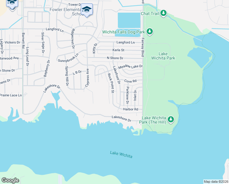 map of restaurants, bars, coffee shops, grocery stores, and more near 5107 Rock Point Street in Wichita Falls