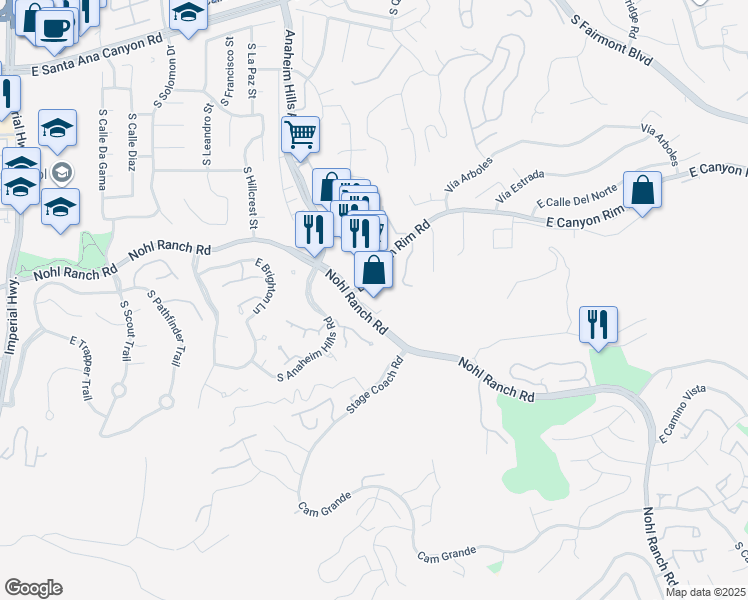 map of restaurants, bars, coffee shops, grocery stores, and more near 6200 East Canyon Rim Road in Anaheim