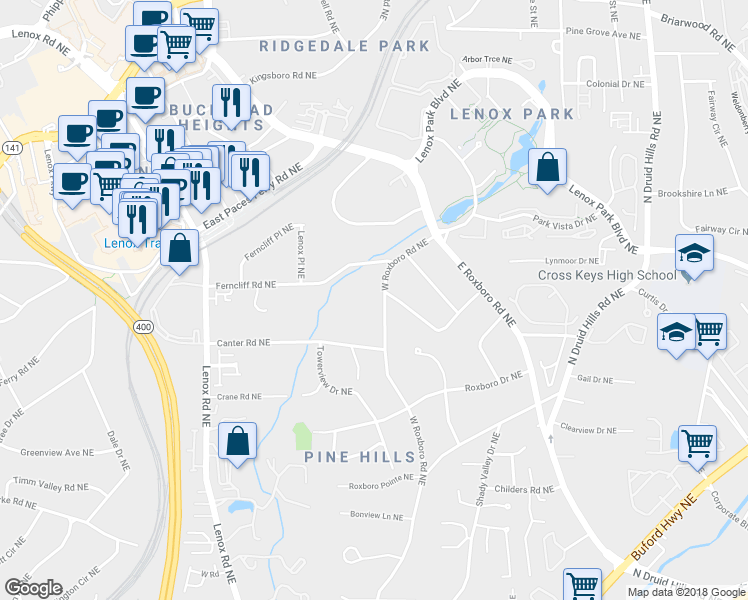 map of restaurants, bars, coffee shops, grocery stores, and more near 3230 West Roxboro Road Northeast in Atlanta