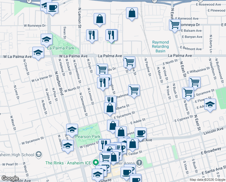 map of restaurants, bars, coffee shops, grocery stores, and more near 723 North Claudina Street in Anaheim