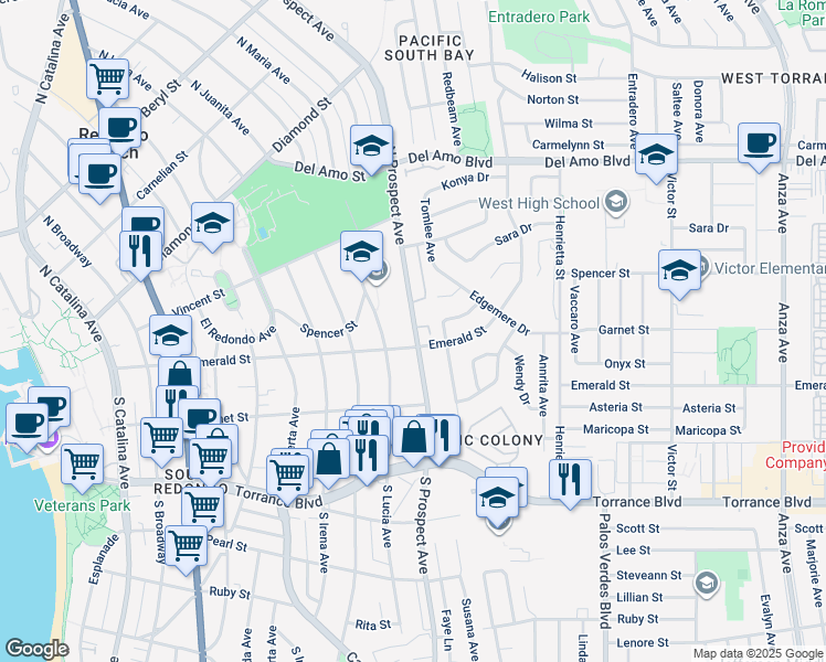 map of restaurants, bars, coffee shops, grocery stores, and more near 117 North Prospect Avenue in Redondo Beach