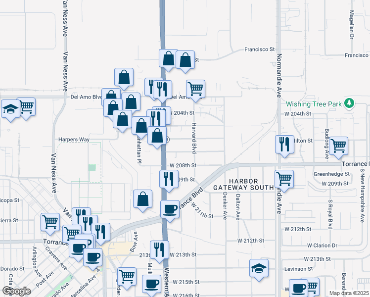 map of restaurants, bars, coffee shops, grocery stores, and more near 1619 West 207th Street in Torrance