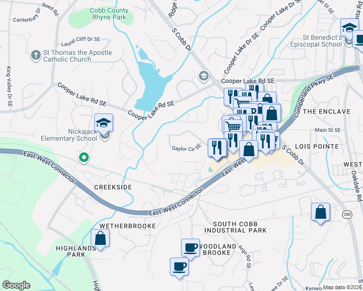 map of restaurants, bars, coffee shops, grocery stores, and more near 1577 Gaylor Circle Southeast in Smyrna