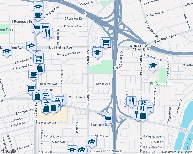 map of restaurants, bars, coffee shops, grocery stores, and more near 2533 East Tennyson Avenue in Anaheim