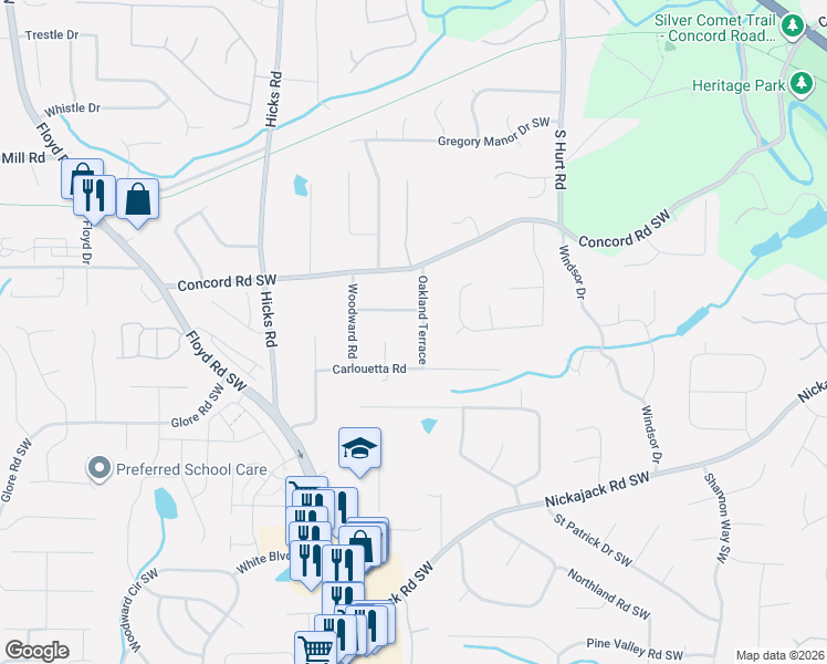 map of restaurants, bars, coffee shops, grocery stores, and more near 4590 Oakland Terrace in Mableton
