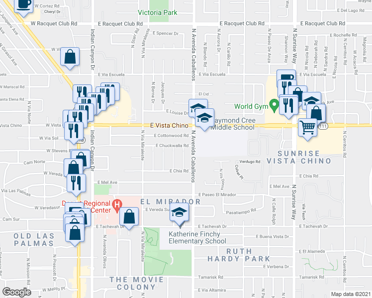 map of restaurants, bars, coffee shops, grocery stores, and more near 951 East Chuckwalla Road in Palm Springs