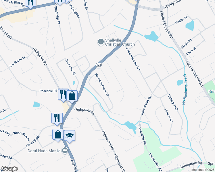 map of restaurants, bars, coffee shops, grocery stores, and more near 2571 Oak Grove Lane in Snellville