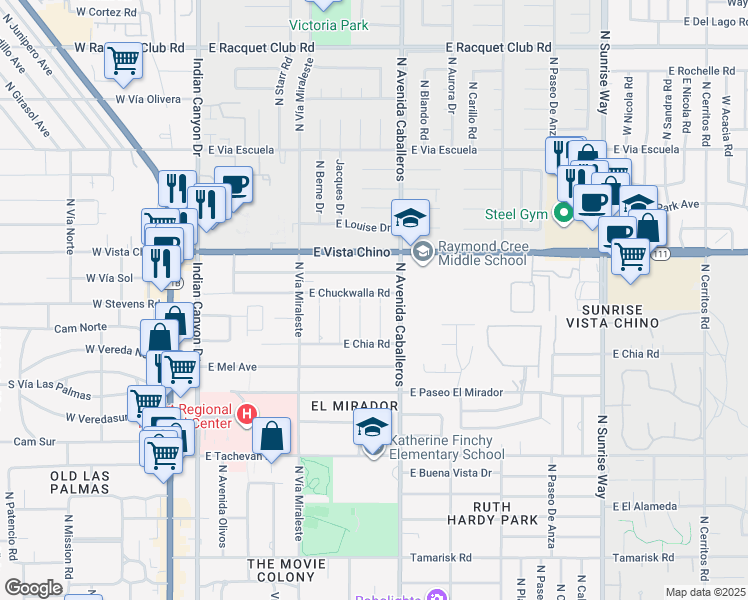 map of restaurants, bars, coffee shops, grocery stores, and more near 851 East Chuckwalla Road in Palm Springs