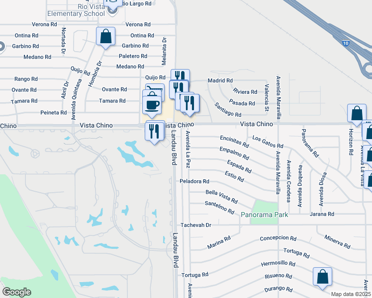 map of restaurants, bars, coffee shops, grocery stores, and more near 28215 Avenida La Paz in Cathedral City