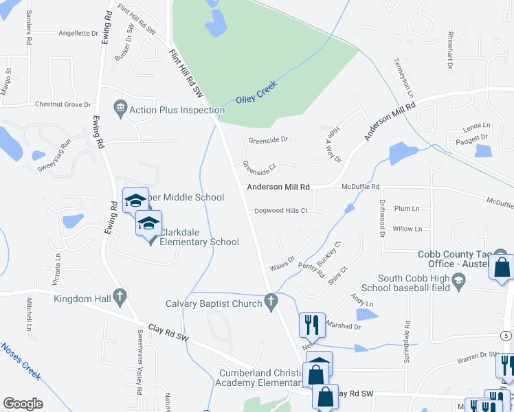 map of restaurants, bars, coffee shops, grocery stores, and more near 2546 Dogwood Hills Court in Austell