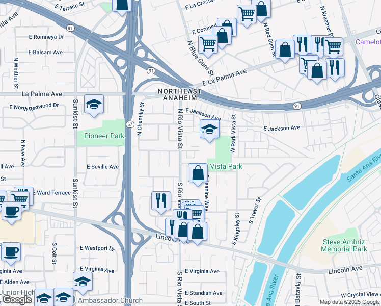 map of restaurants, bars, coffee shops, grocery stores, and more near 230 North Rio Vista Street in Anaheim