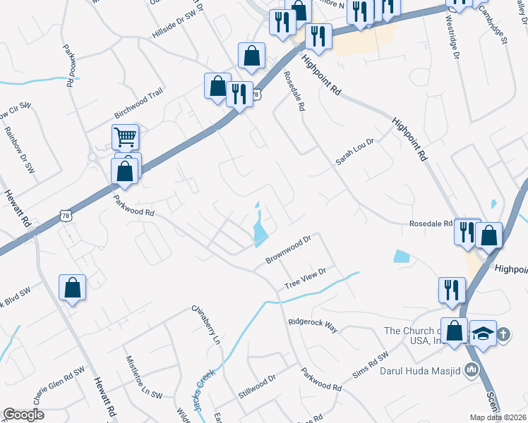map of restaurants, bars, coffee shops, grocery stores, and more near 2560 Park Estates Drive in Snellville