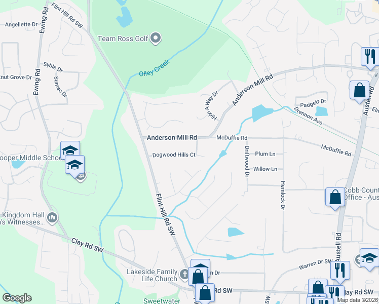 map of restaurants, bars, coffee shops, grocery stores, and more near 2528 Dogwood Hills Court in Austell