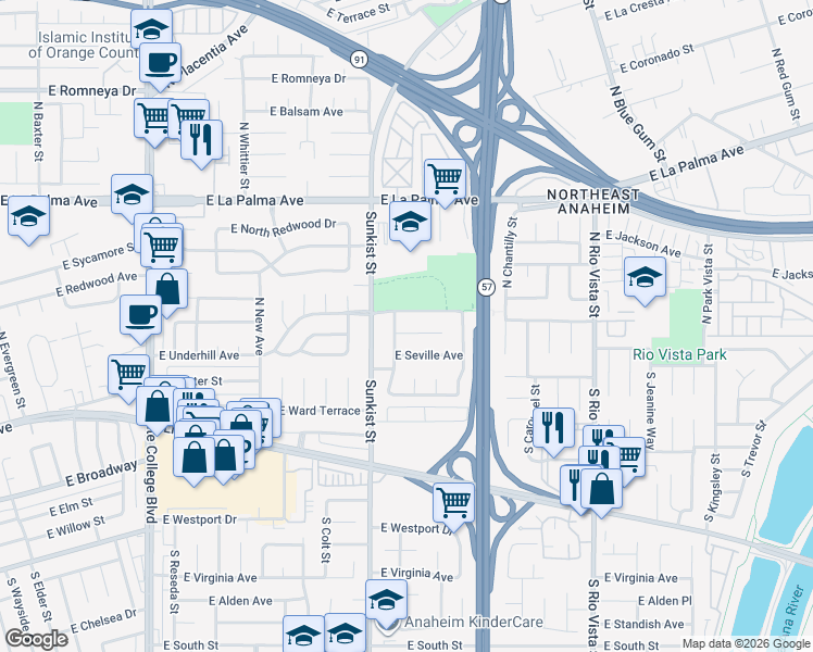 map of restaurants, bars, coffee shops, grocery stores, and more near 2533 East Tennyson Avenue in Anaheim