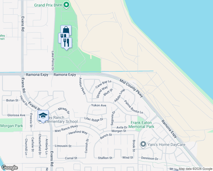 map of restaurants, bars, coffee shops, grocery stores, and more near 3936 Strand Way in Perris