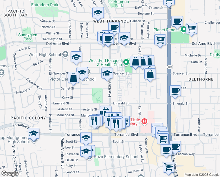 map of restaurants, bars, coffee shops, grocery stores, and more near Anza Ave & Garnet St in Torrance