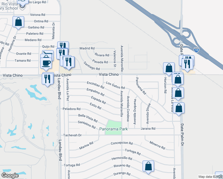 map of restaurants, bars, coffee shops, grocery stores, and more near 68265 Encinitas Road in Cathedral City