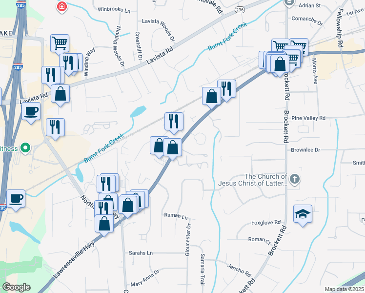 map of restaurants, bars, coffee shops, grocery stores, and more near 3565 Lawrenceville Highway in Tucker