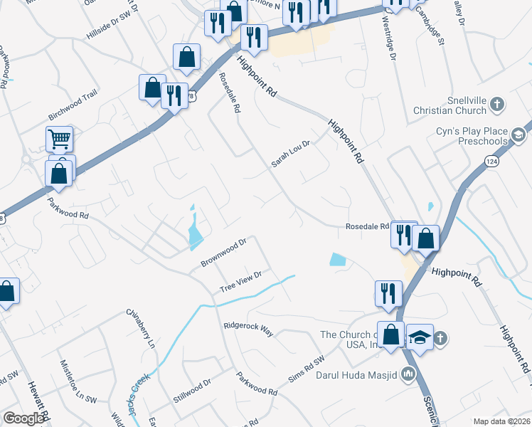 map of restaurants, bars, coffee shops, grocery stores, and more near 3272 Inez Drive in Snellville