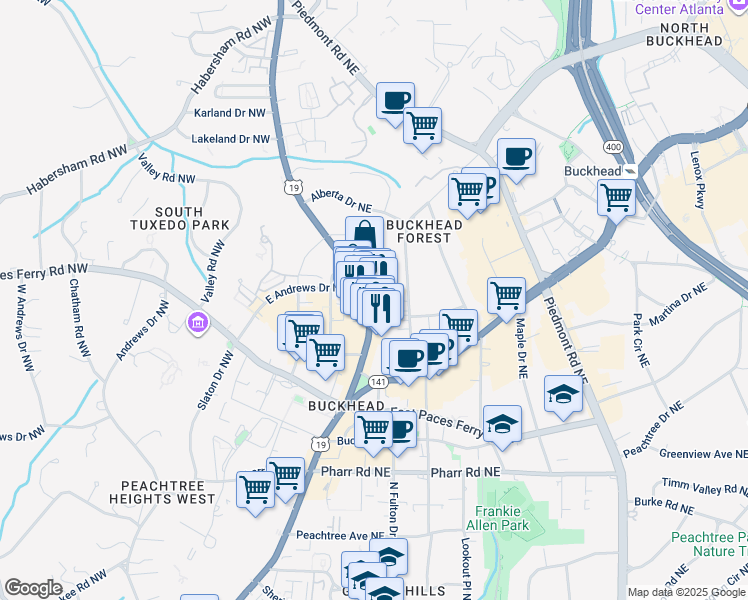 map of restaurants, bars, coffee shops, grocery stores, and more near 3227 Roswell Road Northeast in Atlanta