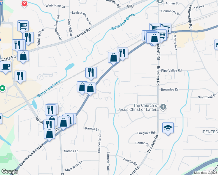 map of restaurants, bars, coffee shops, grocery stores, and more near 3603 Woodbriar Circle in Tucker