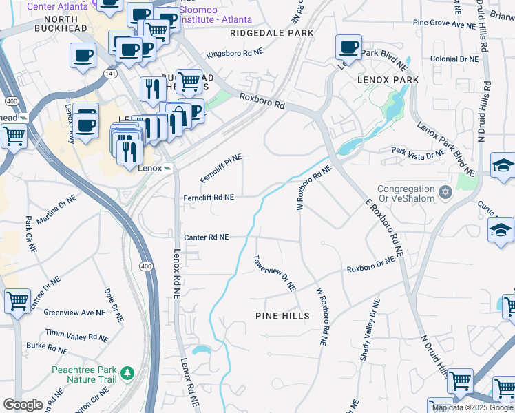 map of restaurants, bars, coffee shops, grocery stores, and more near 1065 Ferncliff Road Northeast in Atlanta