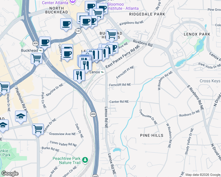 map of restaurants, bars, coffee shops, grocery stores, and more near 3269 Ferncliff Lane in Atlanta