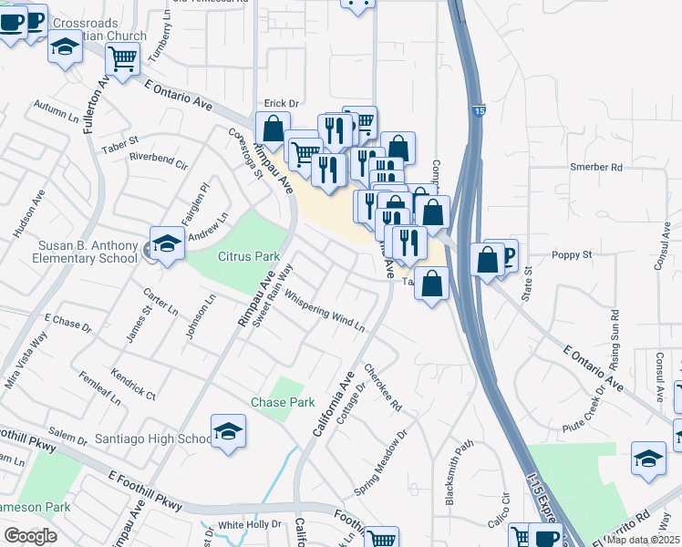 map of restaurants, bars, coffee shops, grocery stores, and more near 2416 Notre Dame Way in Corona