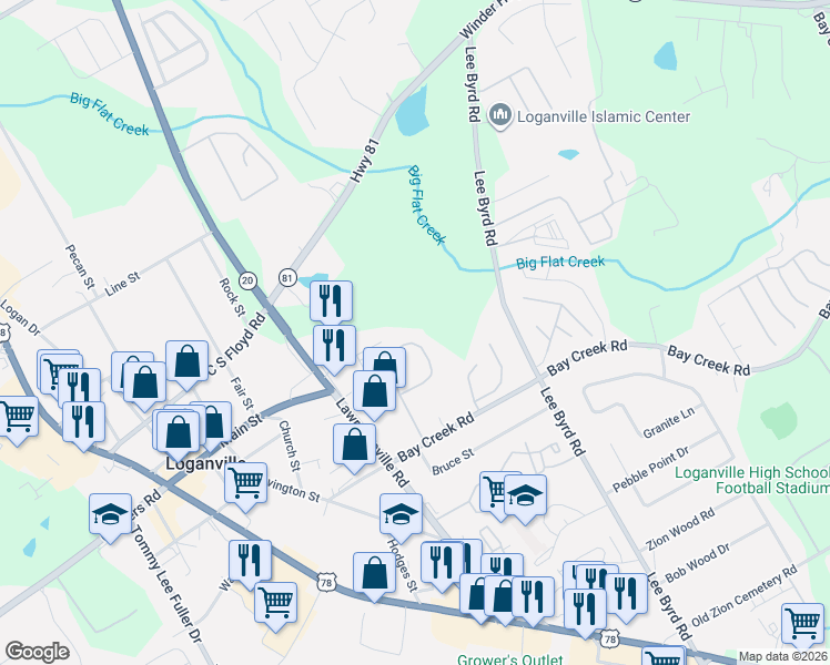 map of restaurants, bars, coffee shops, grocery stores, and more near 737 Jacoby Drive in Loganville