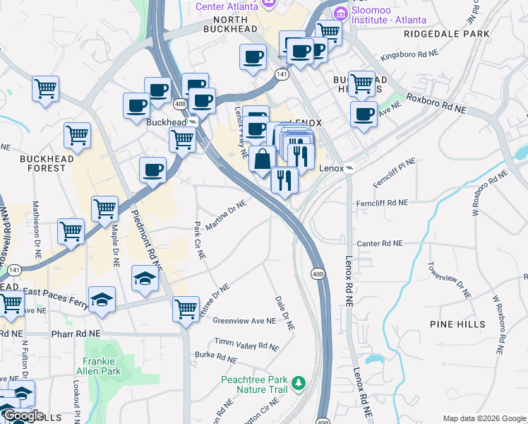 map of restaurants, bars, coffee shops, grocery stores, and more near 3399 Peachtree Drive Northeast in Atlanta