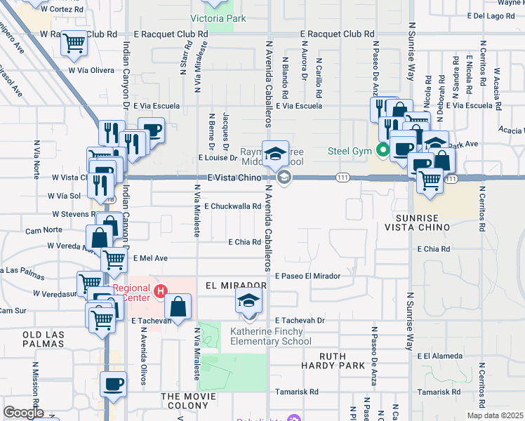 map of restaurants, bars, coffee shops, grocery stores, and more near 971 East Chuckwalla Road in Palm Springs