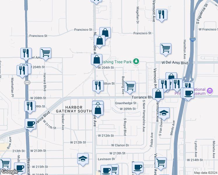 map of restaurants, bars, coffee shops, grocery stores, and more near 20612 Kenwood Avenue in Torrance