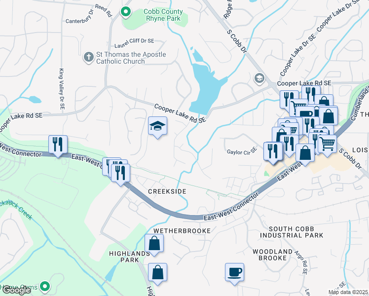 map of restaurants, bars, coffee shops, grocery stores, and more near 5202 Laurel Bridge Drive Southeast in Smyrna