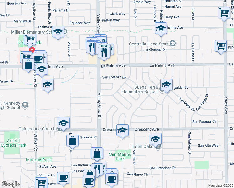 map of restaurants, bars, coffee shops, grocery stores, and more near 6172 San Ricardo Way in Buena Park