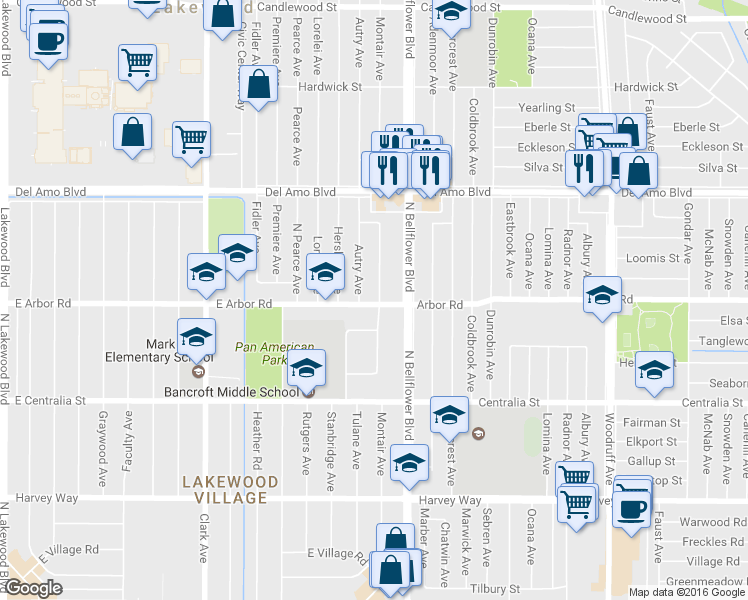 map of restaurants, bars, coffee shops, grocery stores, and more near 4703 Montair Avenue in Long Beach