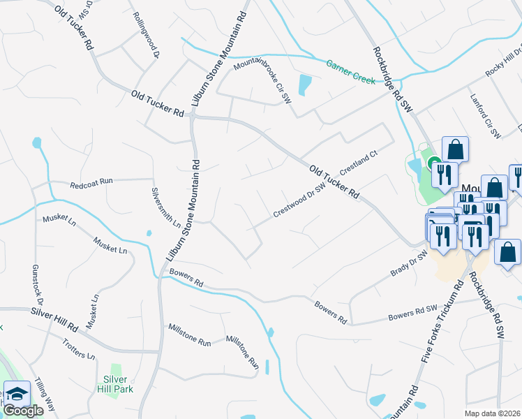 map of restaurants, bars, coffee shops, grocery stores, and more near 1019 Crestwood Lane in Stone Mountain