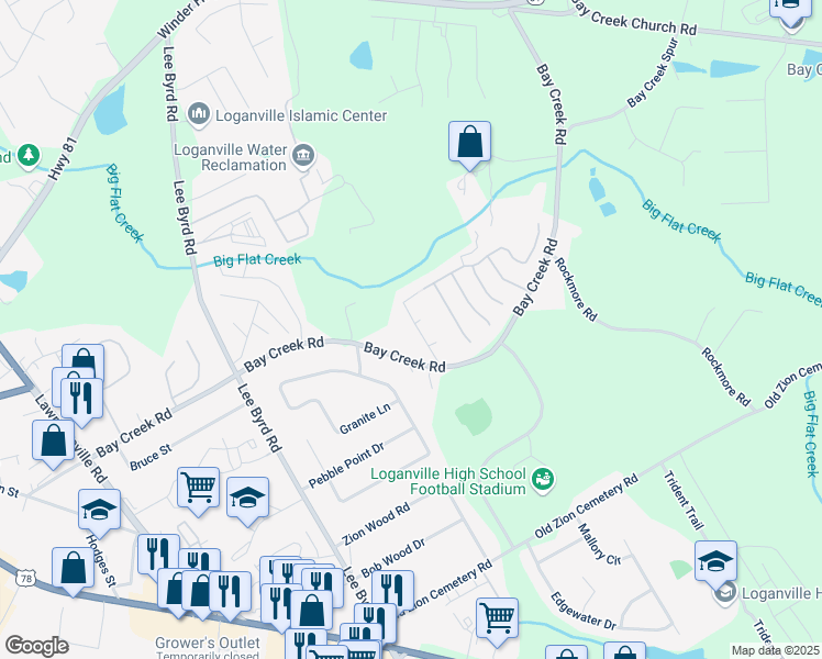 map of restaurants, bars, coffee shops, grocery stores, and more near 616 Hunters Cove Lane in Loganville