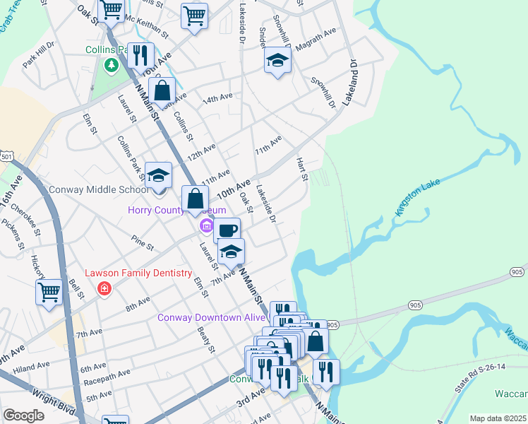 map of restaurants, bars, coffee shops, grocery stores, and more near 701 Lakeside Drive in Conway