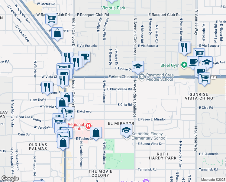 map of restaurants, bars, coffee shops, grocery stores, and more near 707 East Chuckwalla Road in Palm Springs