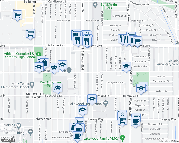 map of restaurants, bars, coffee shops, grocery stores, and more near 4702 Adenmoor Avenue in Lakewood
