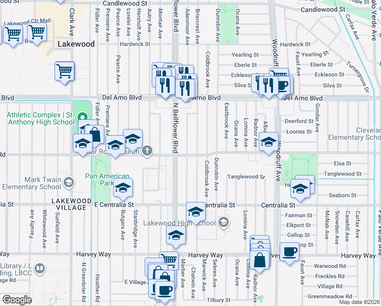 map of restaurants, bars, coffee shops, grocery stores, and more near 4702 Adenmoor Avenue in Lakewood
