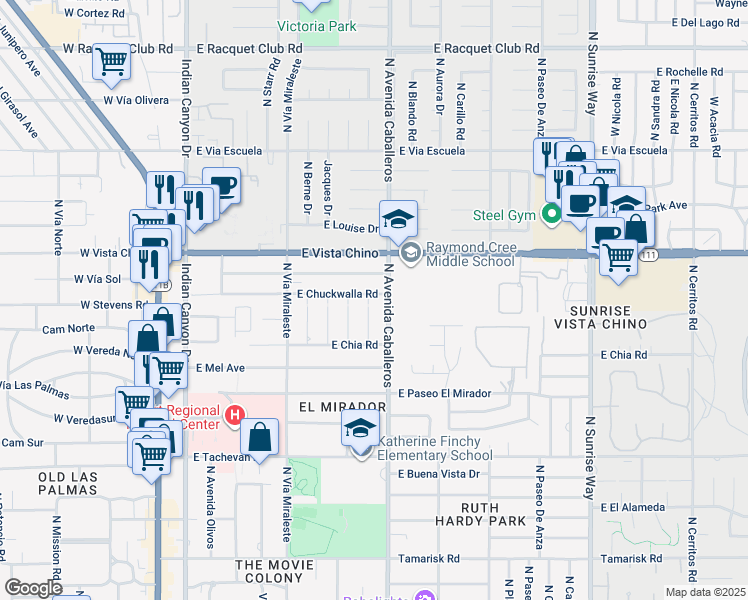 map of restaurants, bars, coffee shops, grocery stores, and more near 1481 North Opuntia Road in Palm Springs