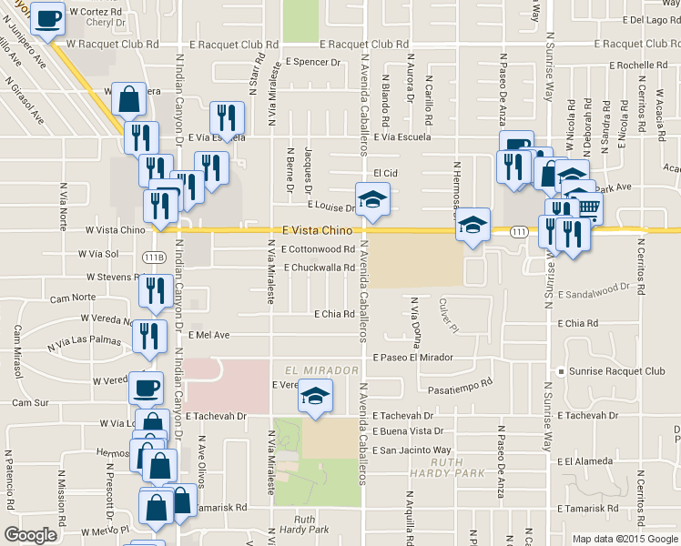 map of restaurants, bars, coffee shops, grocery stores, and more near 1481 North Opuntia Road in Palm Springs
