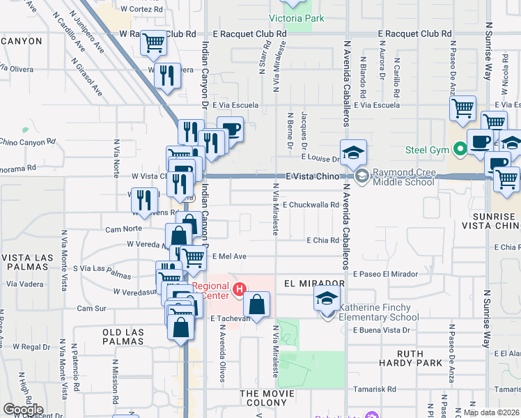 map of restaurants, bars, coffee shops, grocery stores, and more near 463 East Chuckwalla Road in Palm Springs